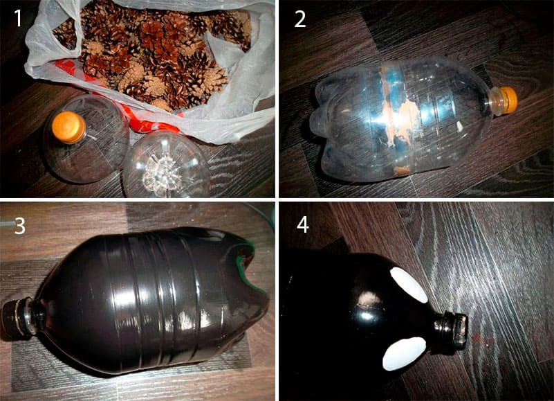 Igel aus Plastikflasche und Zapfen basteln